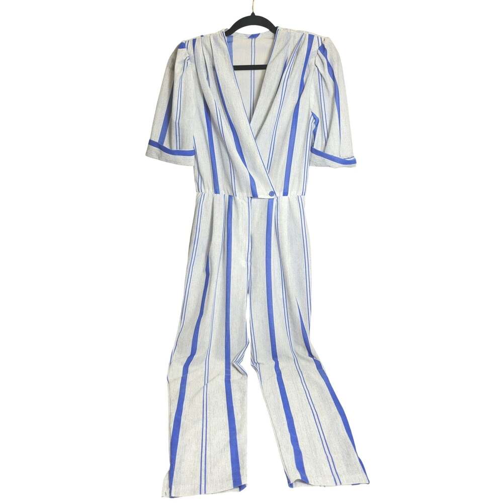 Vintage 80s Jumpsuit Blue and White Stripe Womens M Shoulder Pads Pockets